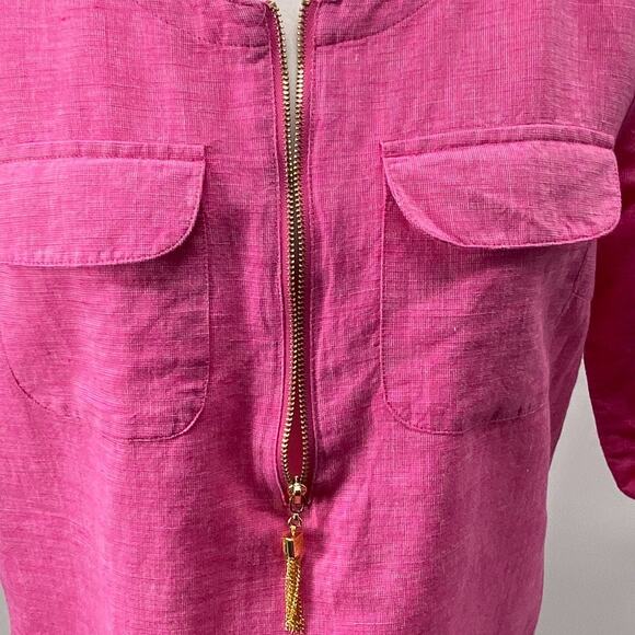 Ellen Tracy Pink Linen Cotton Top S Gold Zip Tassel 3/4 Sleeve Pockets Slit Back - Picture 6 of 16